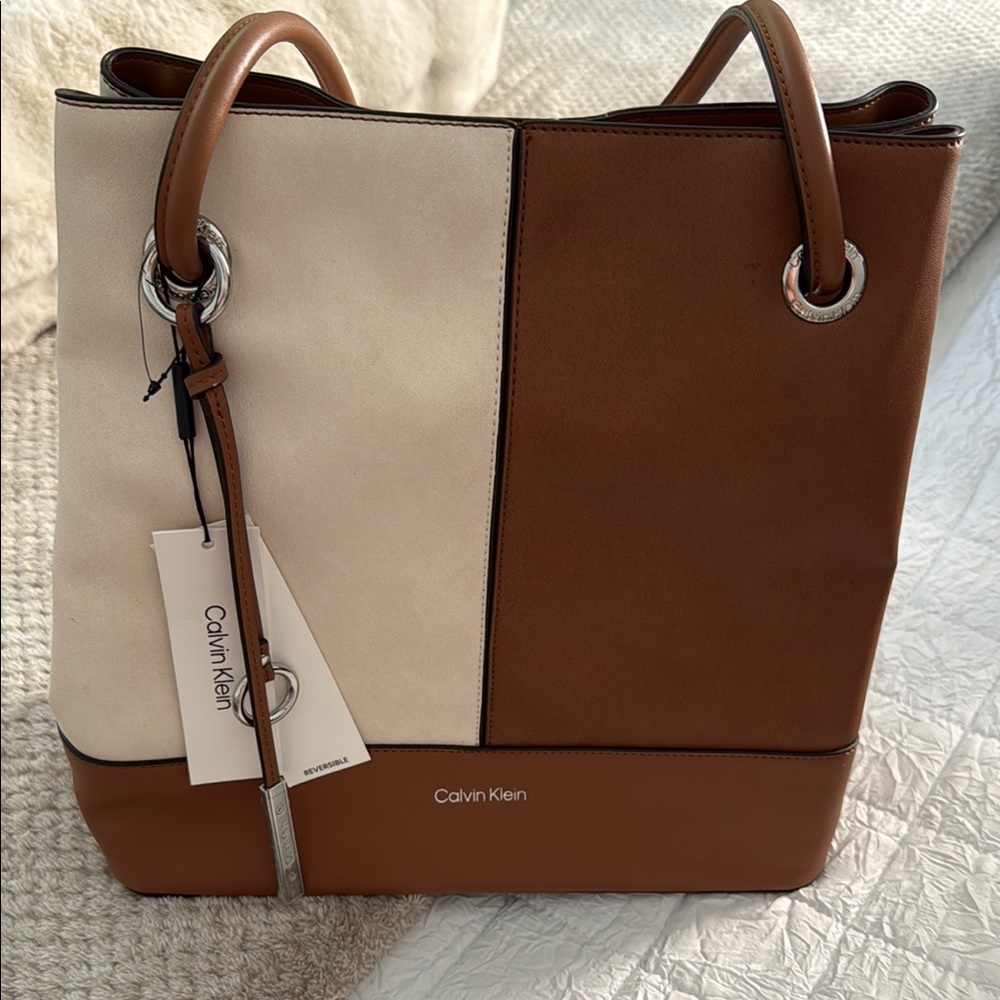Calvin Klein Brown and Cream Tote with Structured Design